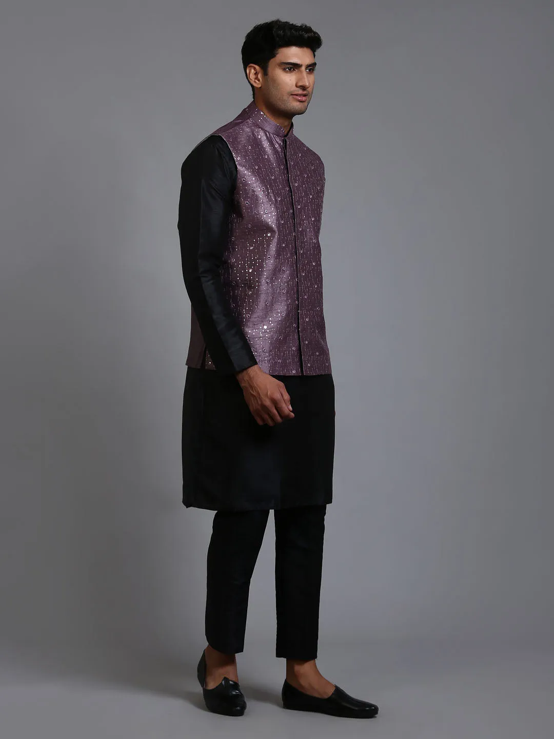 Jashvi Men's Purple Embellished Jacket with Black Kurta Pant Set