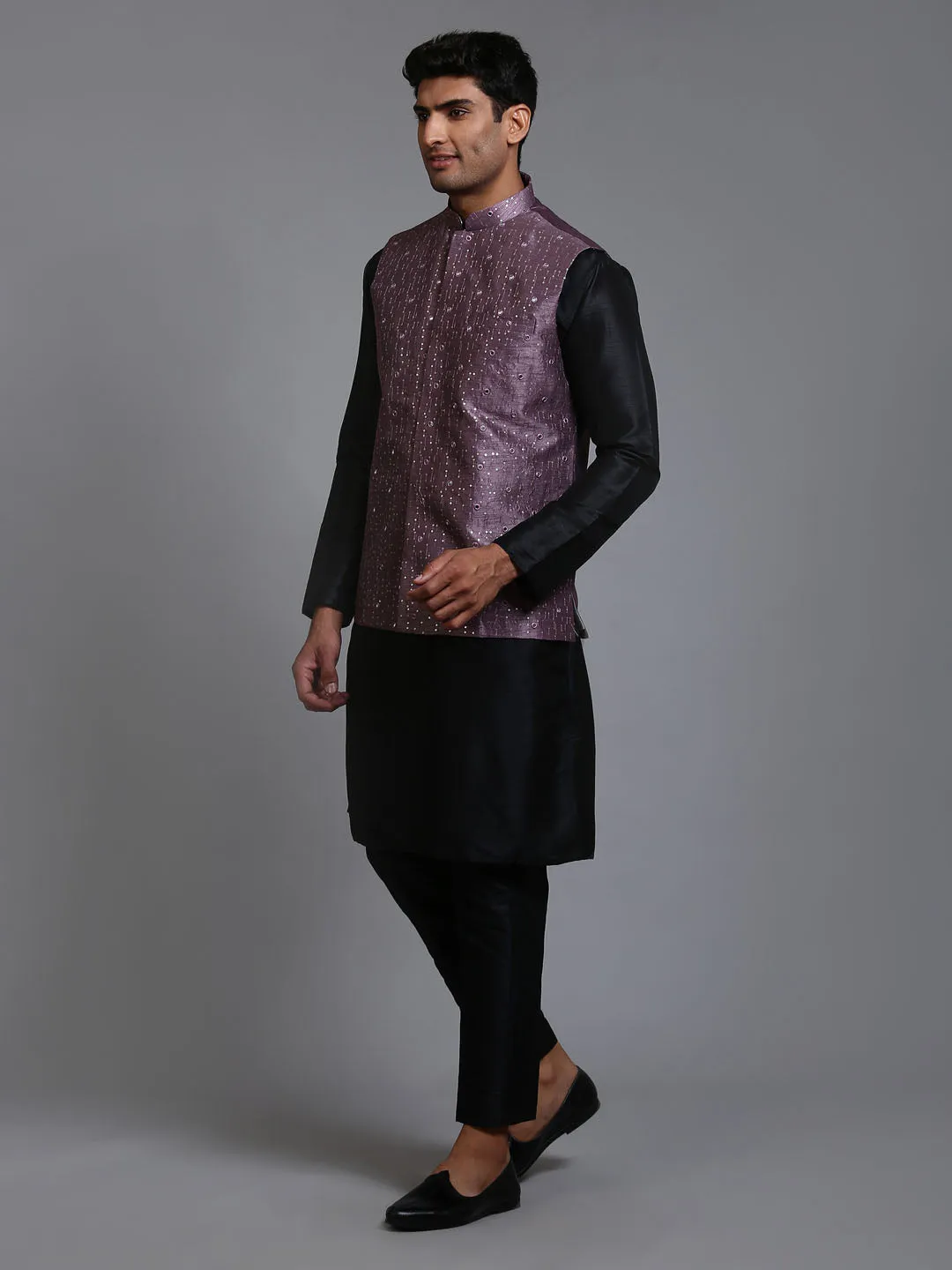 Jashvi Men's Purple Embellished Jacket with Black Kurta Pant Set