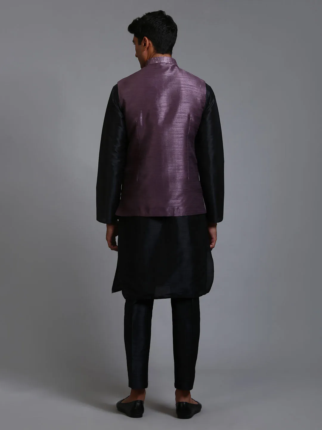 Jashvi Men's Purple Embellished Jacket with Black Kurta Pant Set