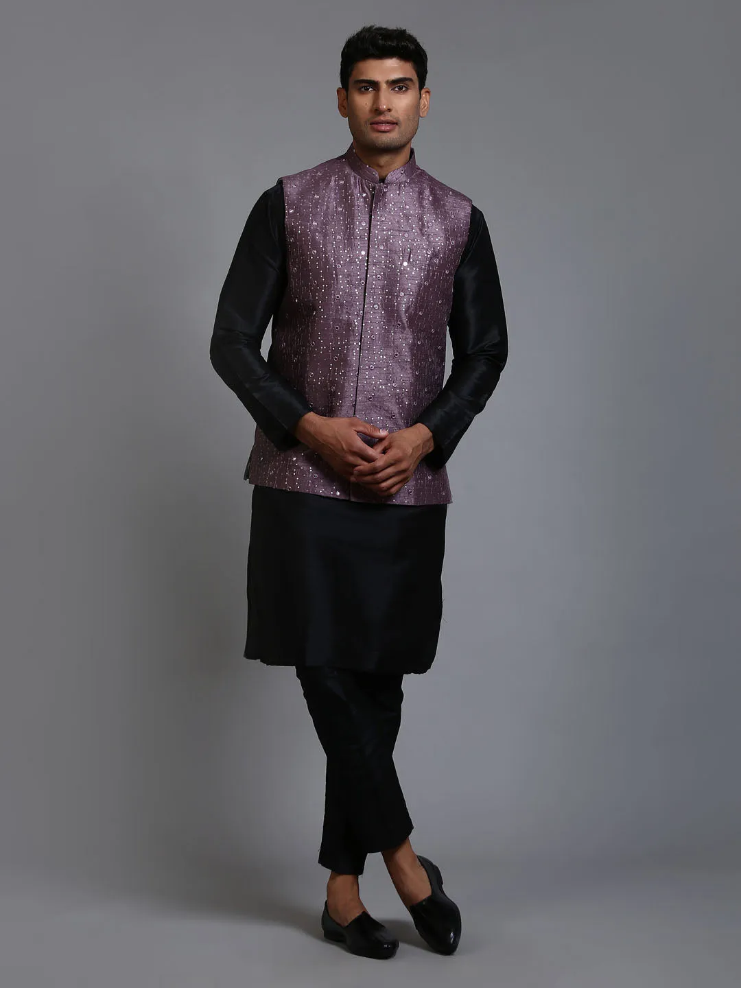 Jashvi Men's Purple Embellished Jacket with Black Kurta Pant Set