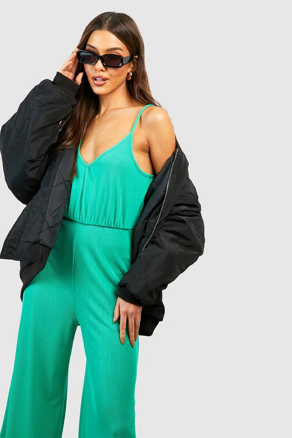 Jumpsuit with wide ribbed legs Boohoo, green