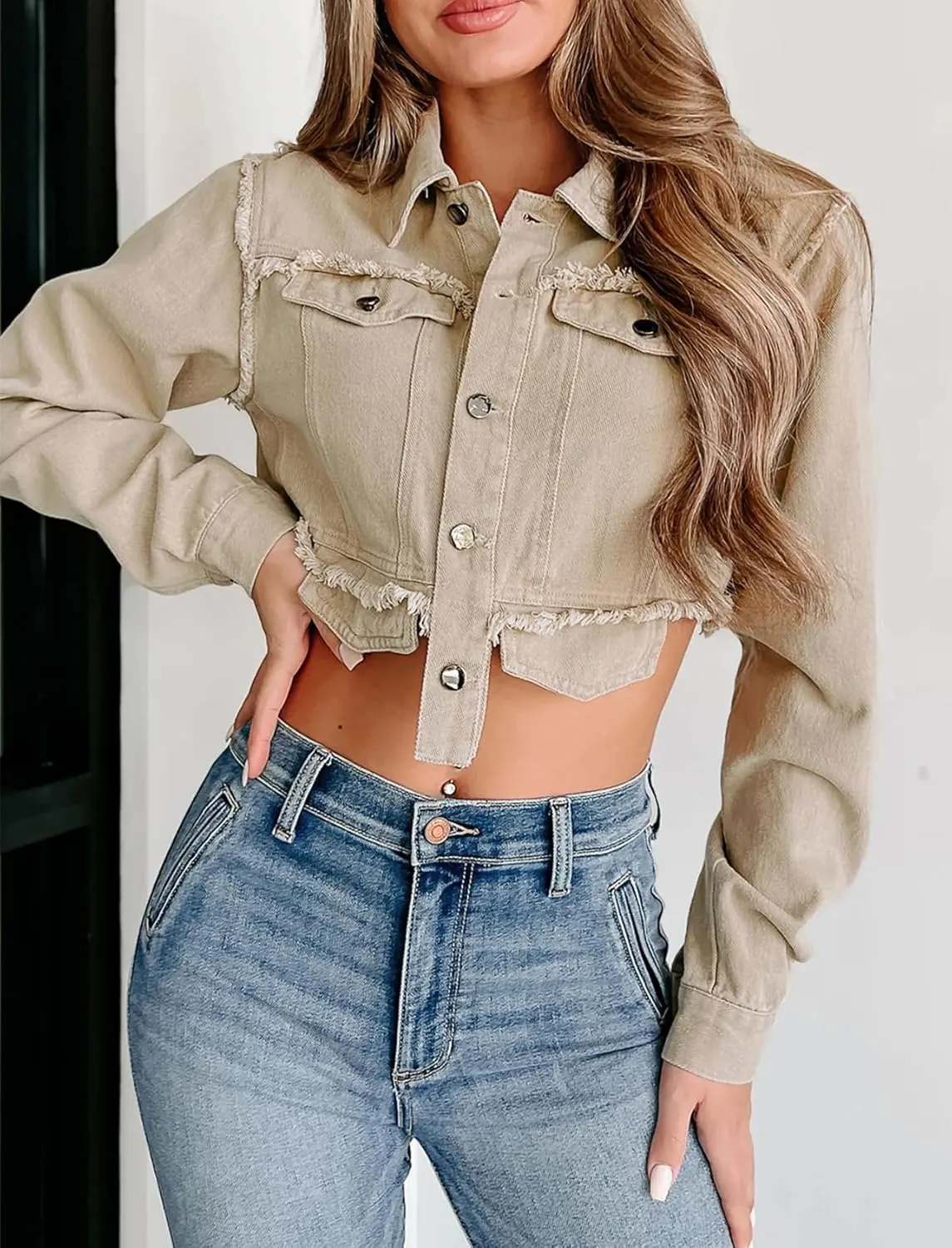 JYAOVO Women's Jean Jacket Long Sleeve Button Up Frayed Cropped Denim Jacket Irregular Hem Short Jacket