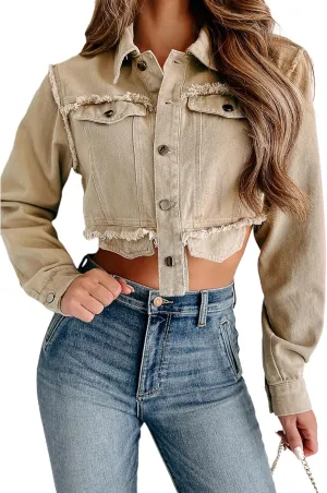JYAOVO Women's Jean Jacket Long Sleeve Button Up Frayed Cropped Denim Jacket Irregular Hem Short Jacket