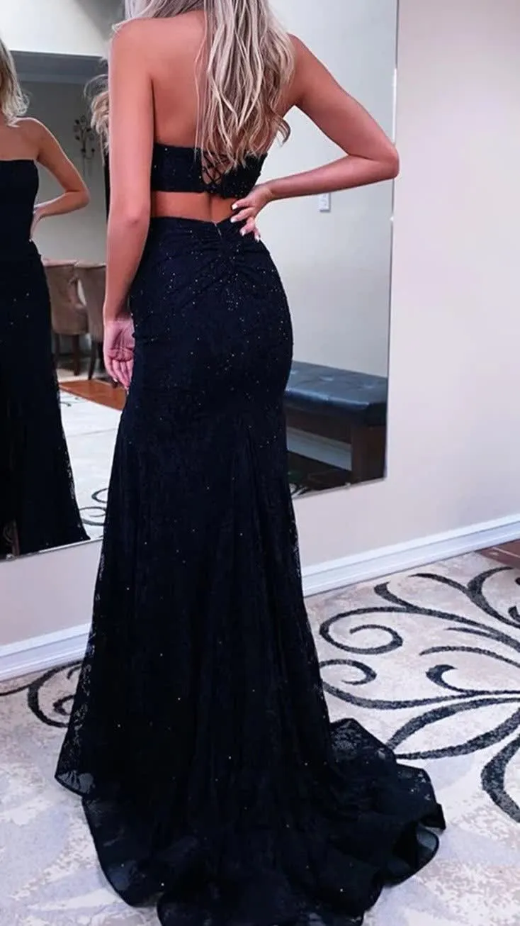 kamahe Black Sparkly Strapless Long Sheath Prom Dress with Slit Formal Evening Dresses