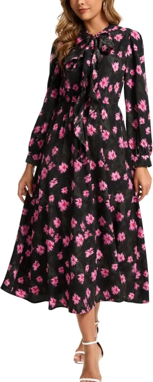 Kormei Women V Neck Tie Long Sleeve Boho Floral Fall Dress Wedding Guest Casual Maxi Long Cocktail Dress