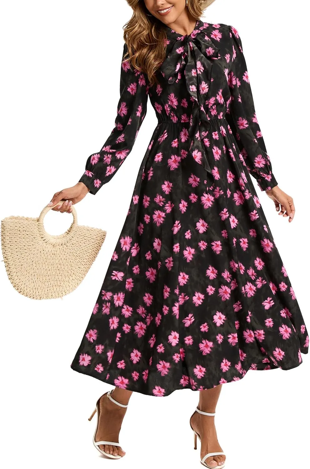 Kormei Women V Neck Tie Long Sleeve Boho Floral Fall Dress Wedding Guest Casual Maxi Long Cocktail Dress