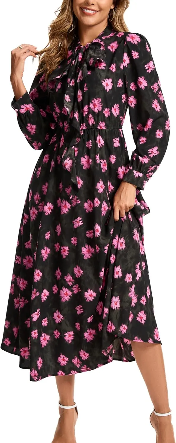 Kormei Women V Neck Tie Long Sleeve Boho Floral Fall Dress Wedding Guest Casual Maxi Long Cocktail Dress