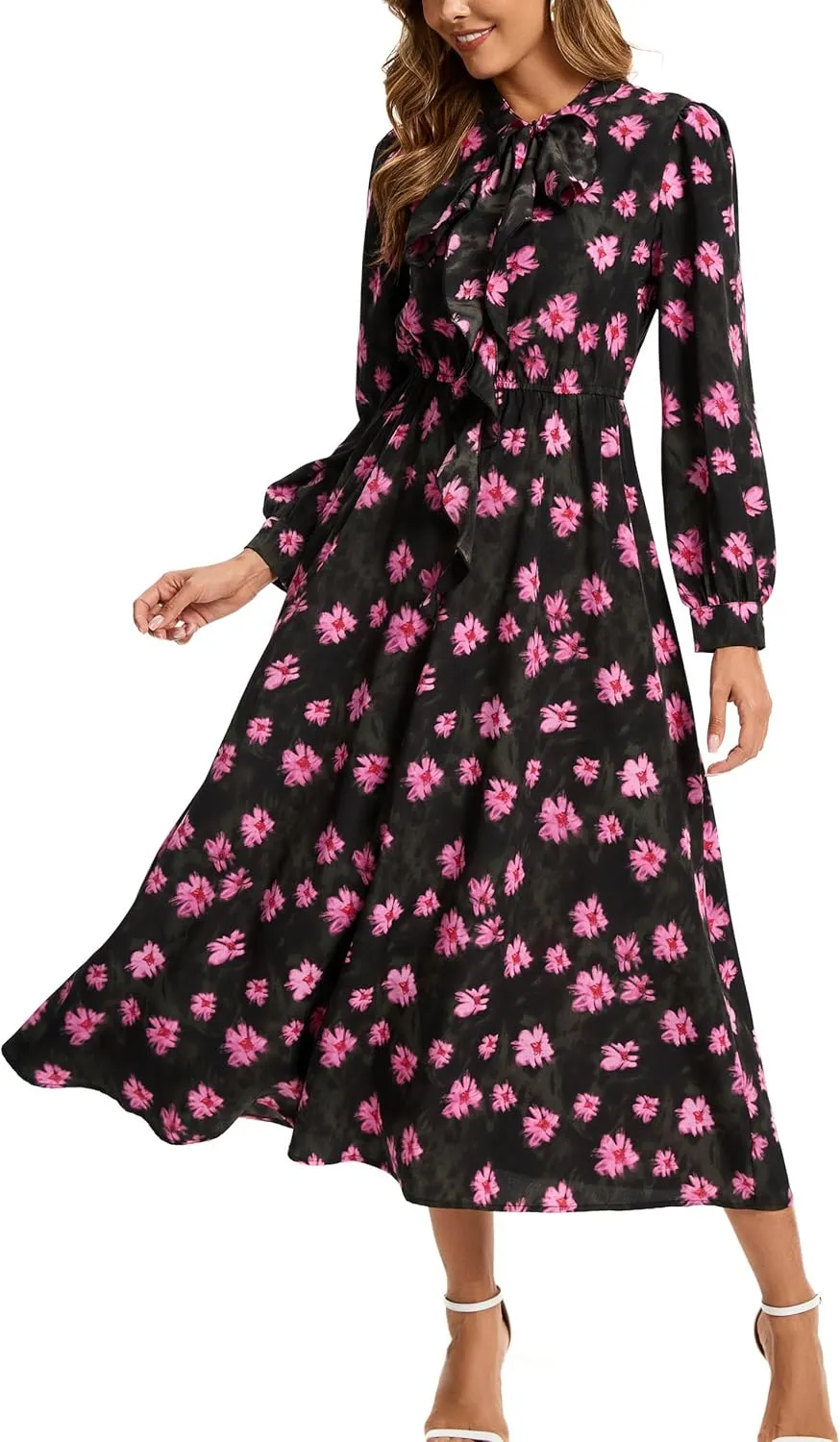 Kormei Women V Neck Tie Long Sleeve Boho Floral Fall Dress Wedding Guest Casual Maxi Long Cocktail Dress