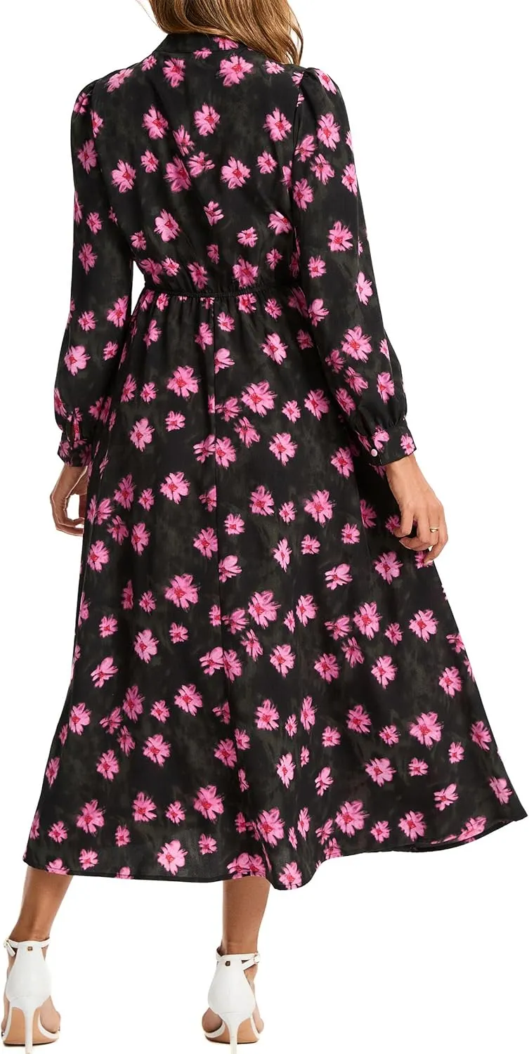Kormei Women V Neck Tie Long Sleeve Boho Floral Fall Dress Wedding Guest Casual Maxi Long Cocktail Dress