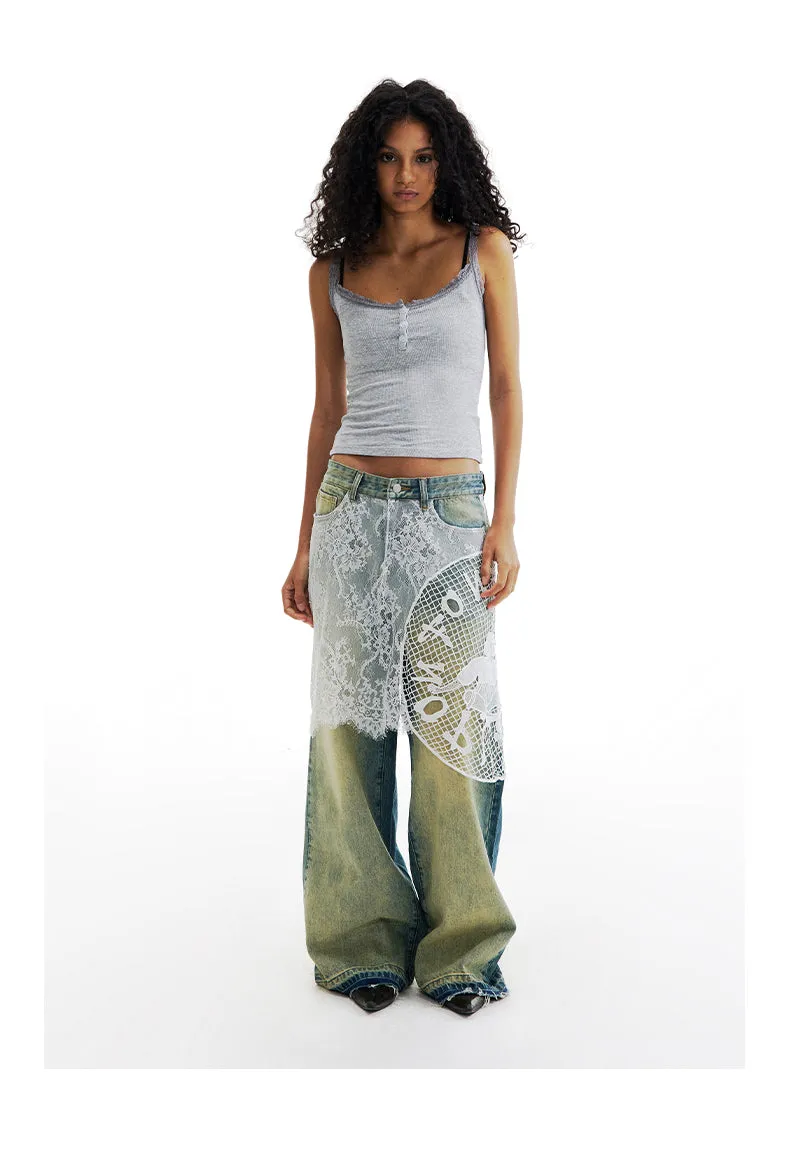 Lace Skirt Joint Straight Jeans