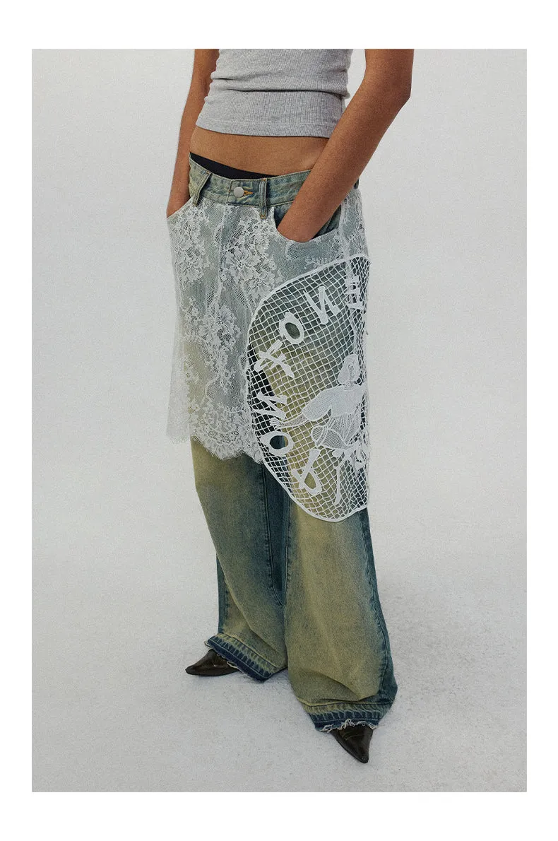 Lace Skirt Joint Straight Jeans