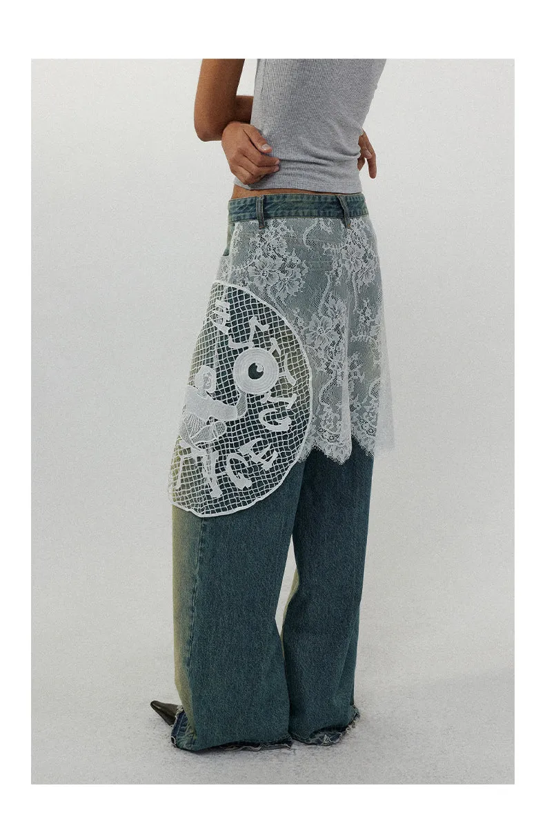 Lace Skirt Joint Straight Jeans