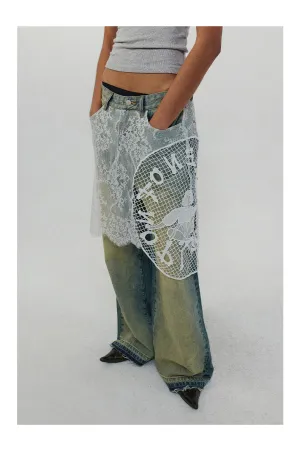 Lace Skirt Joint Straight Jeans