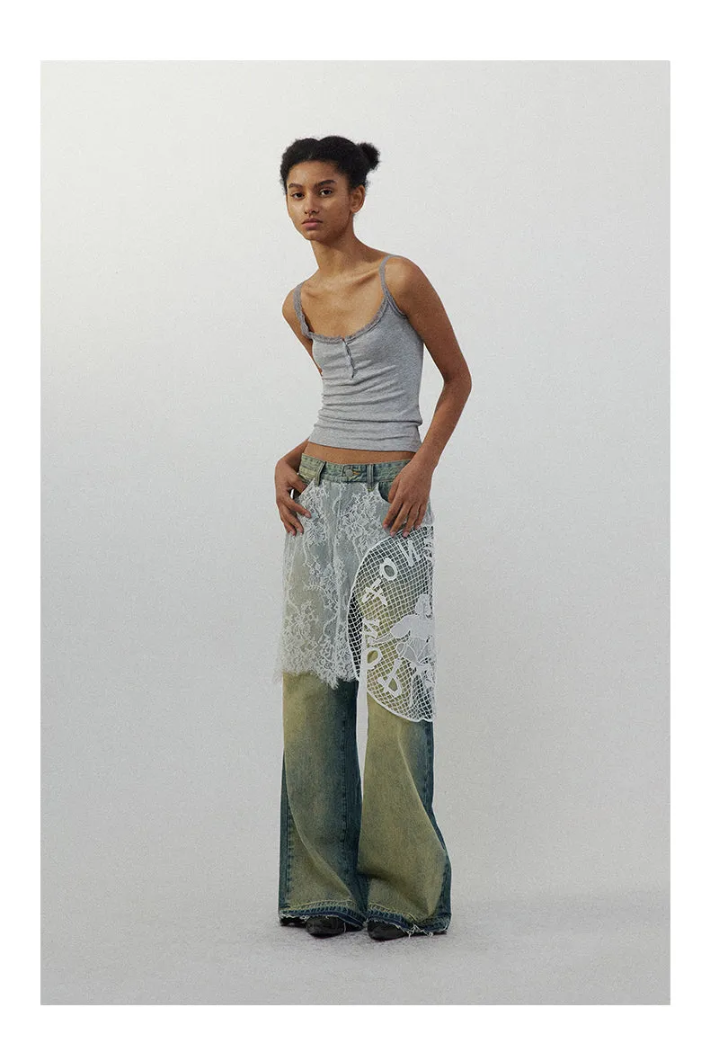 Lace Skirt Joint Straight Jeans