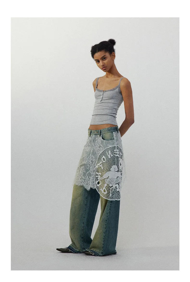 Lace Skirt Joint Straight Jeans