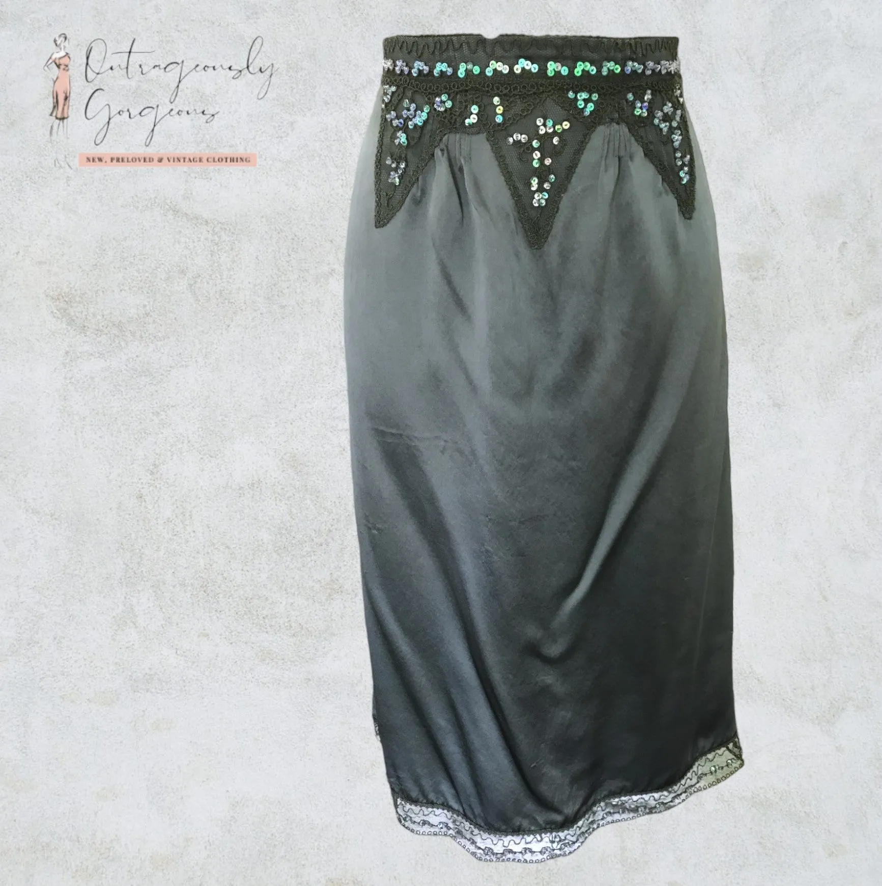 L.K. Bennett Green Silk Beaded & Sequin Skirt UK 10 US 6 EU 38