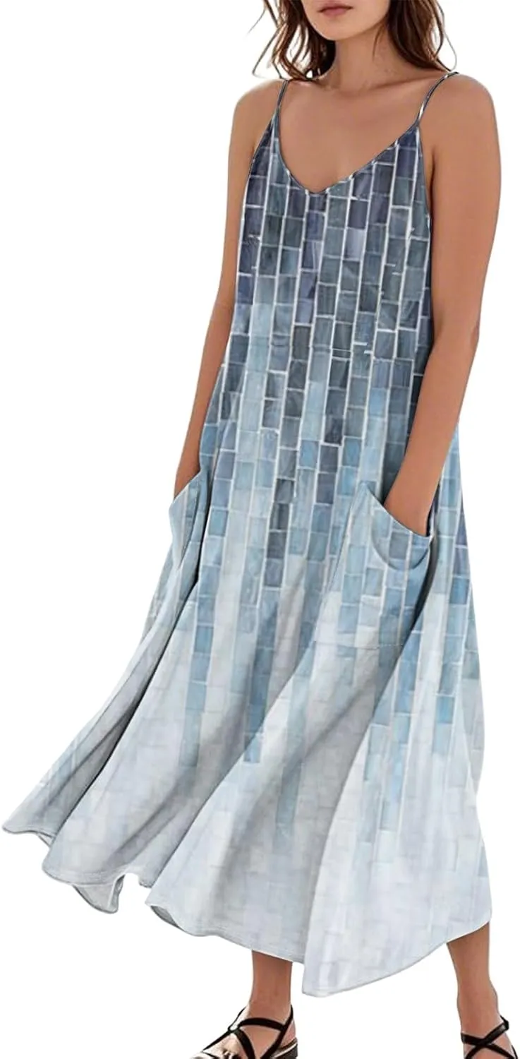 Maxi Dresses for Women Summer Sleeveless Beach Vacation Dress Casual O Neck Tank Dress Loose Sundress with Pockets