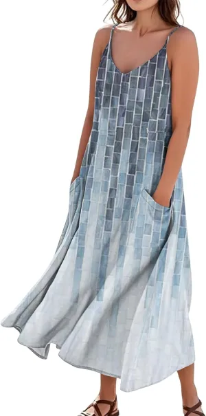 Maxi Dresses for Women Summer Sleeveless Beach Vacation Dress Casual O Neck Tank Dress Loose Sundress with Pockets