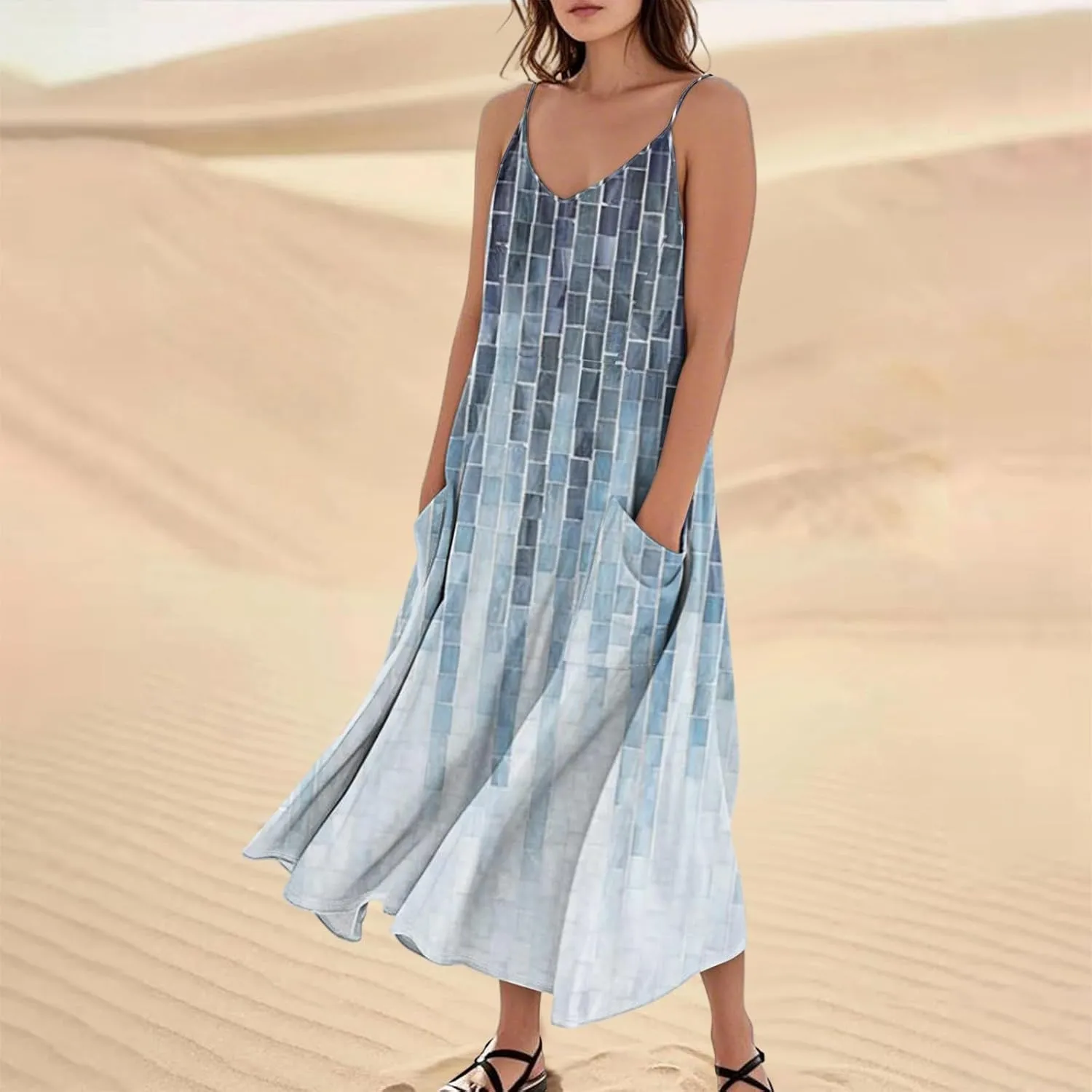 Maxi Dresses for Women Summer Sleeveless Beach Vacation Dress Casual O Neck Tank Dress Loose Sundress with Pockets