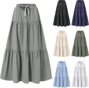 Maxi Skirts for Women Trendy High Waisted Flowy Tiered Linen Skirt Casual Pleated A-Line Beach Long Skirts with Tie