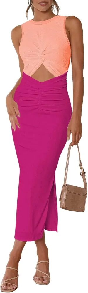 Meenew Women's Sleeveless Summer Long Bodycon Dress Twist Cutout Midi Sheath Dress Ruched Tie Back Tank Dress with Slit