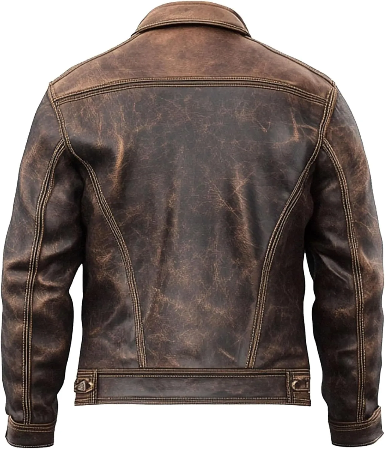 Men's American Fashion Vintage Western Style Distressed Real Lambskin Motorcycle Leather Trucker Jacket Men