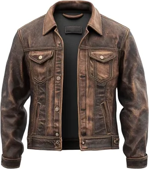 Men's American Fashion Vintage Western Style Distressed Real Lambskin Motorcycle Leather Trucker Jacket Men