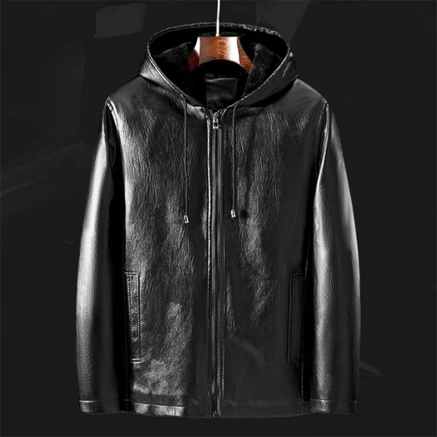 Men's Leather Motorcycle Jacket Fleece Lined Hooded Faux Leather Jacket Windproof Warm Thicken Biker Coat