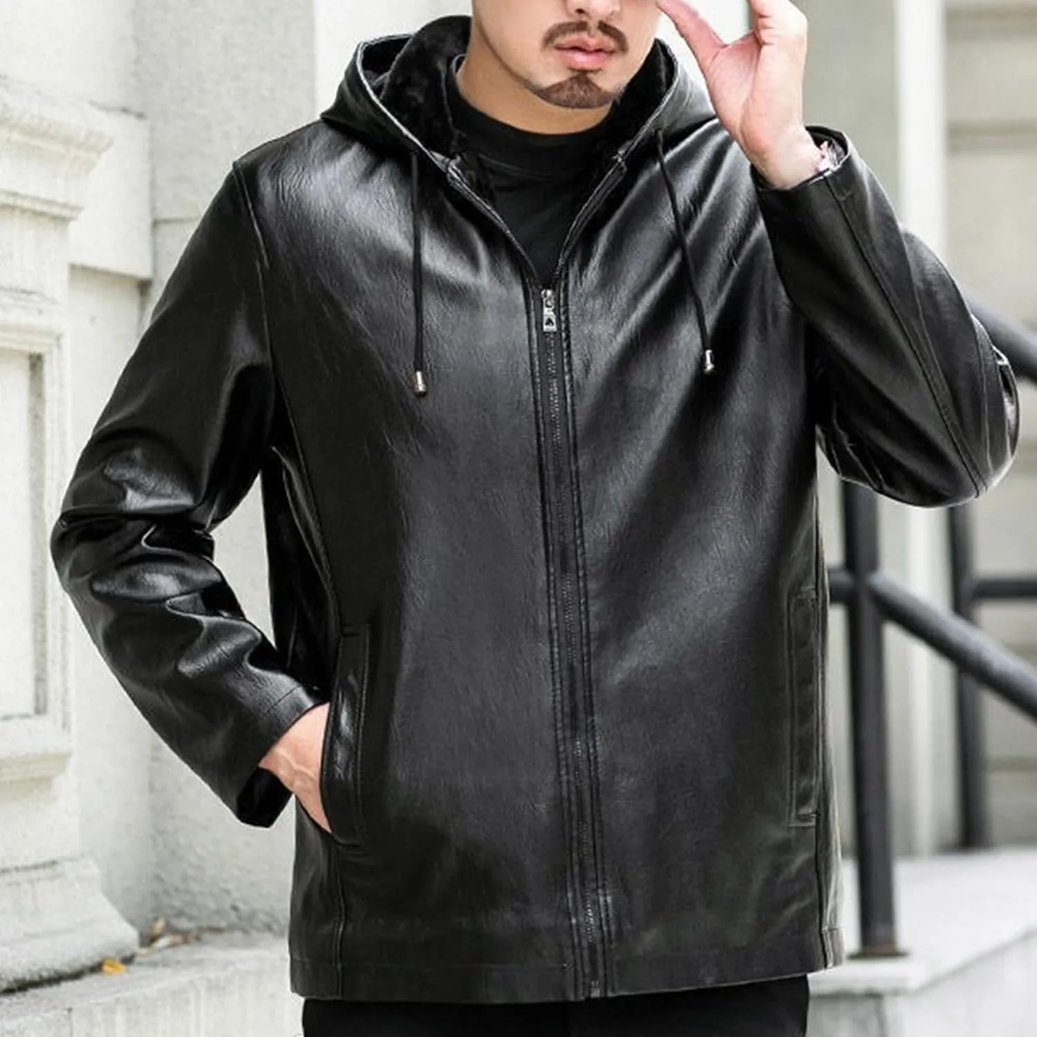 Men's Leather Motorcycle Jacket Fleece Lined Hooded Faux Leather Jacket Windproof Warm Thicken Biker Coat