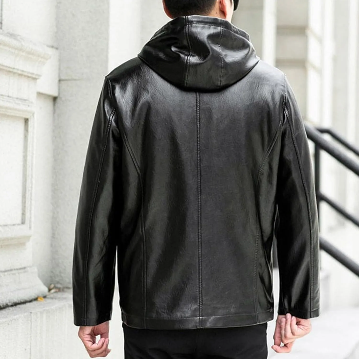 Men's Leather Motorcycle Jacket Fleece Lined Hooded Faux Leather Jacket Windproof Warm Thicken Biker Coat