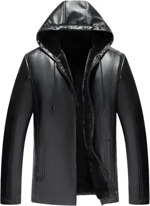 Men's Leather Motorcycle Jacket Fleece Lined Hooded Faux Leather Jacket Windproof Warm Thicken Biker Coat