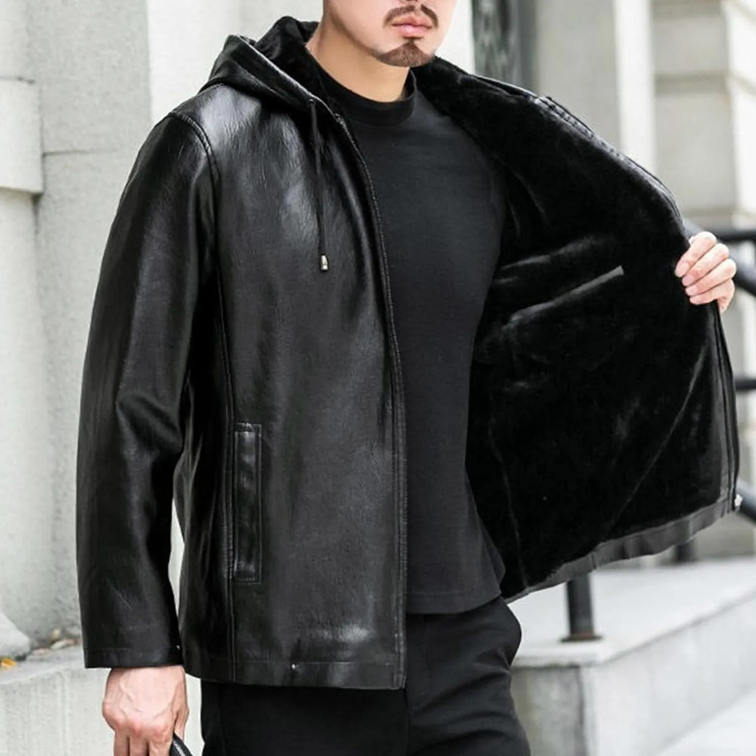 Men's Leather Motorcycle Jacket Fleece Lined Hooded Faux Leather Jacket Windproof Warm Thicken Biker Coat