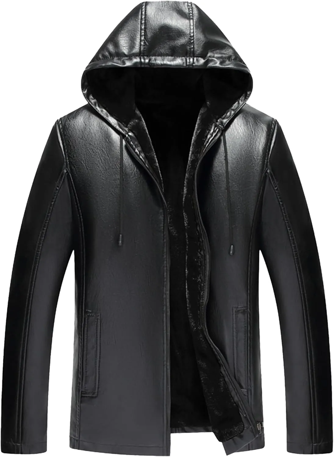 Men's Leather Motorcycle Jacket Fleece Lined Hooded Faux Leather Jacket Windproof Warm Thicken Biker Coat