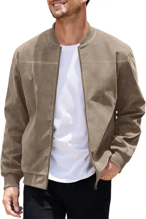 Mens Lightweight Jacket Flight Bomber Jacket Suede Full Zip Casual Softshell Jacket Outwear Pockets Thin Windbreaker