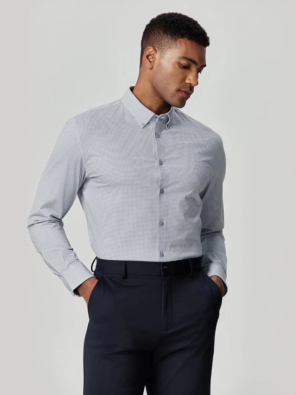 Mens Stretch Checkered Shirt- Wrinkle Free No Iron Slim Fit Breathable Dress Shirt for Office Travel