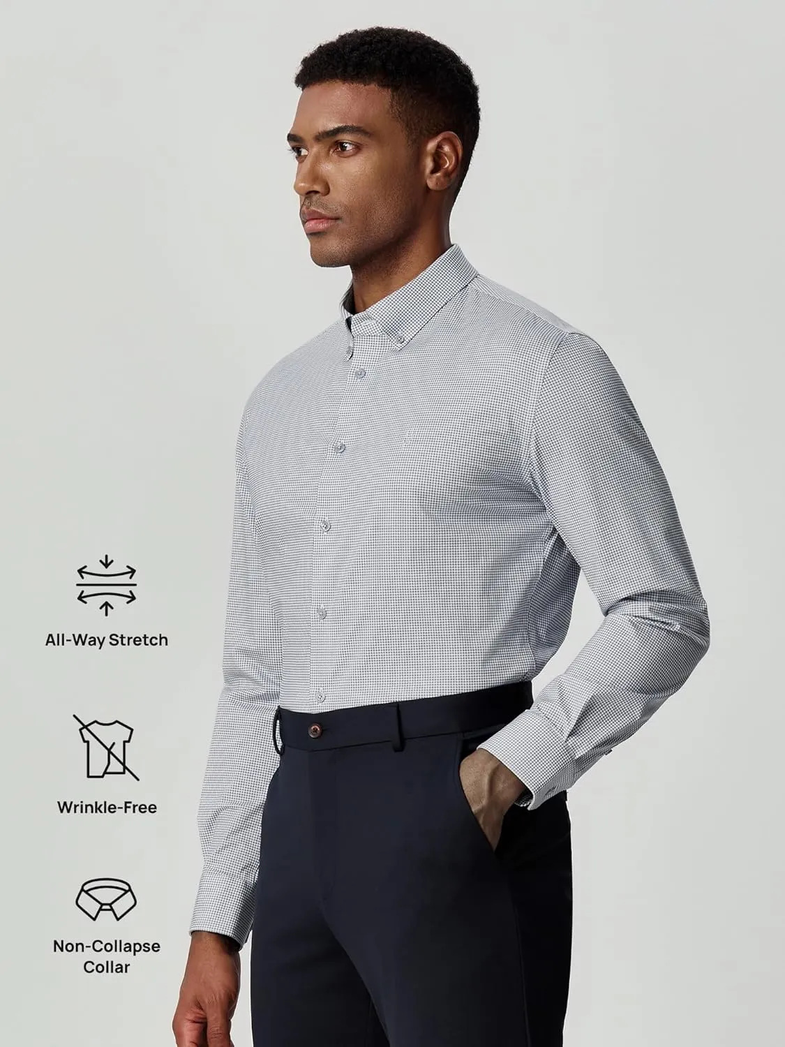 Mens Stretch Checkered Shirt- Wrinkle Free No Iron Slim Fit Breathable Dress Shirt for Office Travel