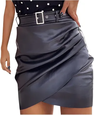 Midi Pencil Skirts for Women's Knee Length Faux Leather Skirts with Belt High Waisted Front Slit Pencil Skirt