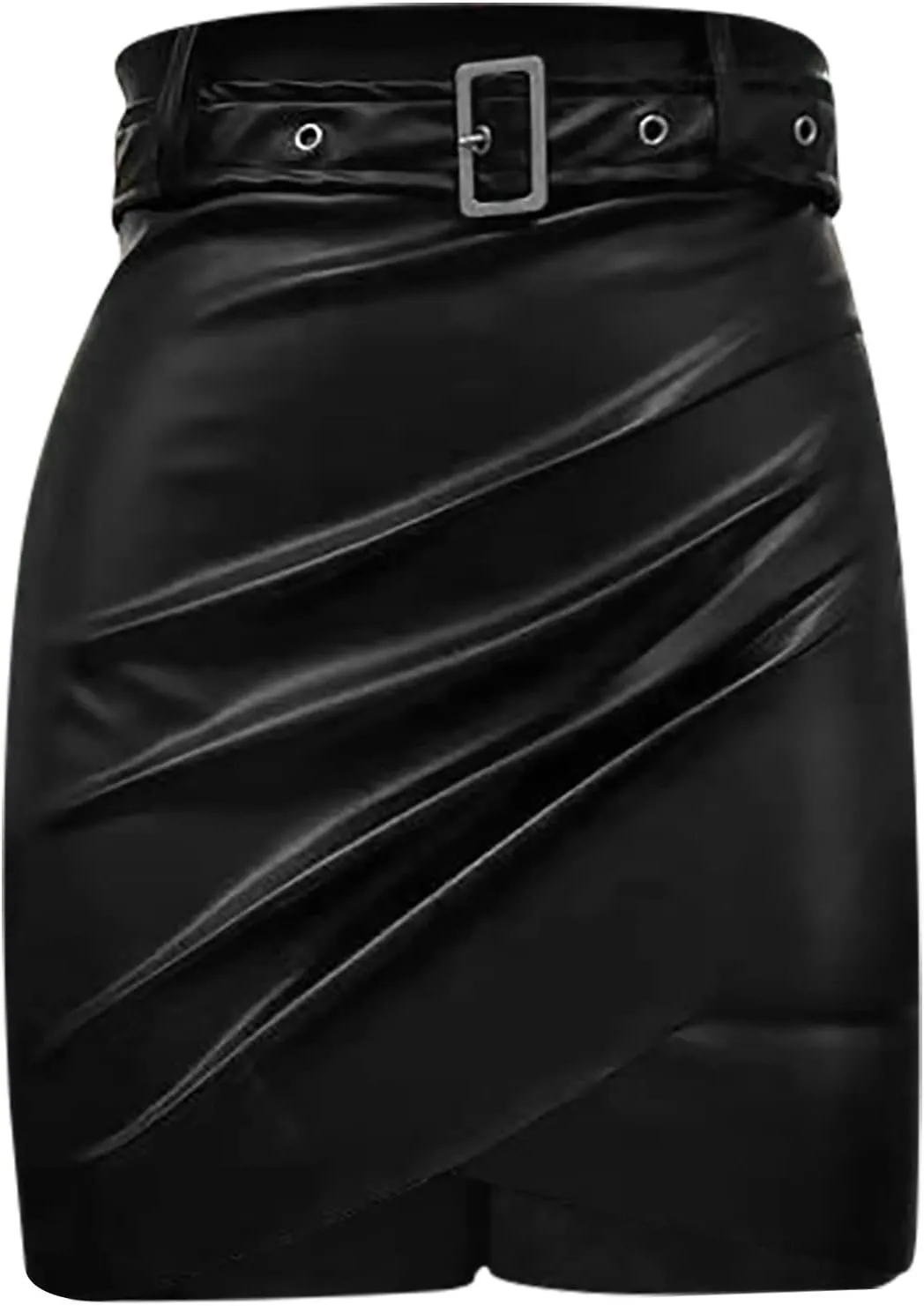 Midi Pencil Skirts for Women's Knee Length Faux Leather Skirts with Belt High Waisted Front Slit Pencil Skirt