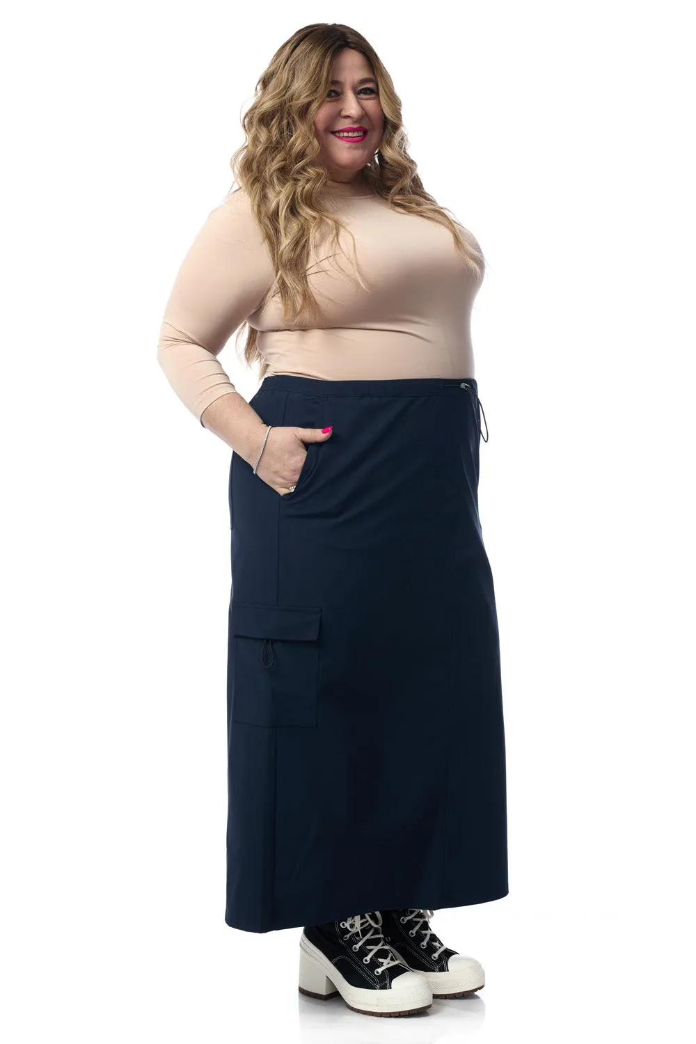 Navy Midi Length Cargo Skirt with Drawstring and Pockets 'Cali Cargo'