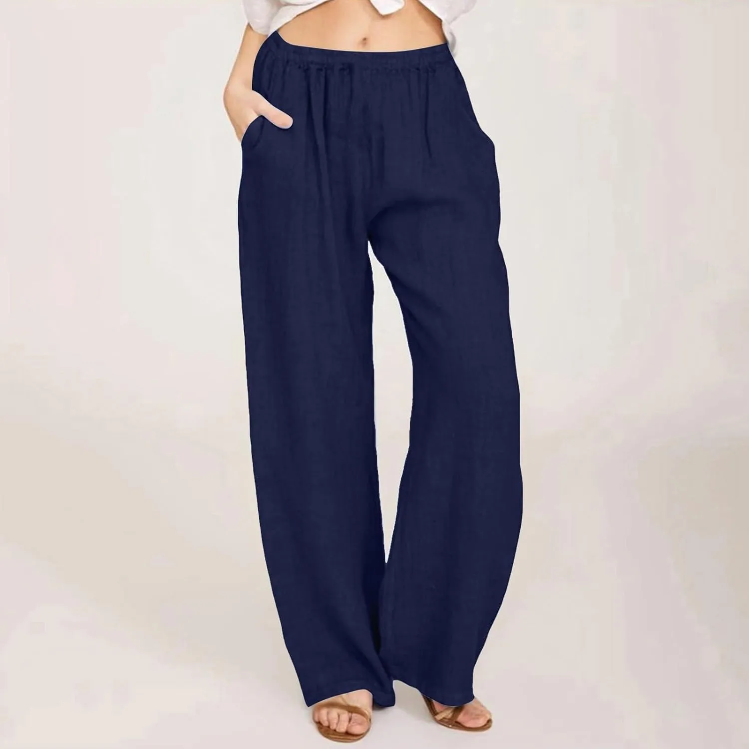NBXNZWF Women's Cotton Linen Pants 2025 Summer Casual Straight Leg Trousers Wide Leg Loose Fit Long Pants with Pockets