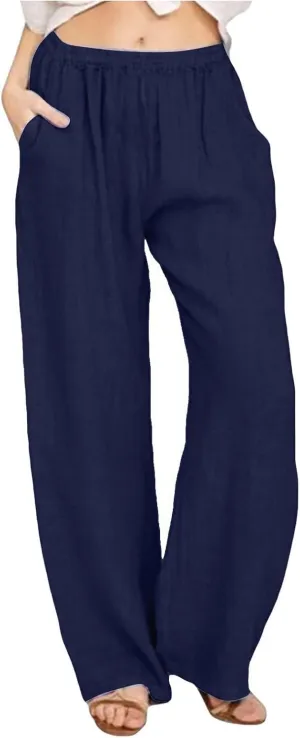 NBXNZWF Women's Cotton Linen Pants 2025 Summer Casual Straight Leg Trousers Wide Leg Loose Fit Long Pants with Pockets