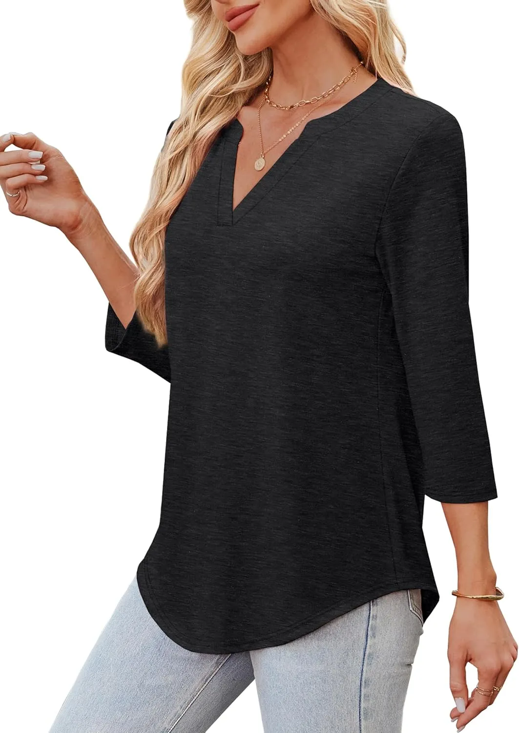 OFEEFAN 3/4 Length Sleeve Womens Tops V Neck Tunic Shirts Loose Curved Hem Blouses Dressy Casual S-3XL