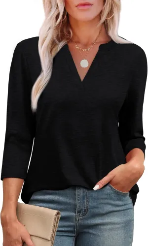 OFEEFAN 3/4 Length Sleeve Womens Tops V Neck Tunic Shirts Loose Curved Hem Blouses Dressy Casual S-3XL
