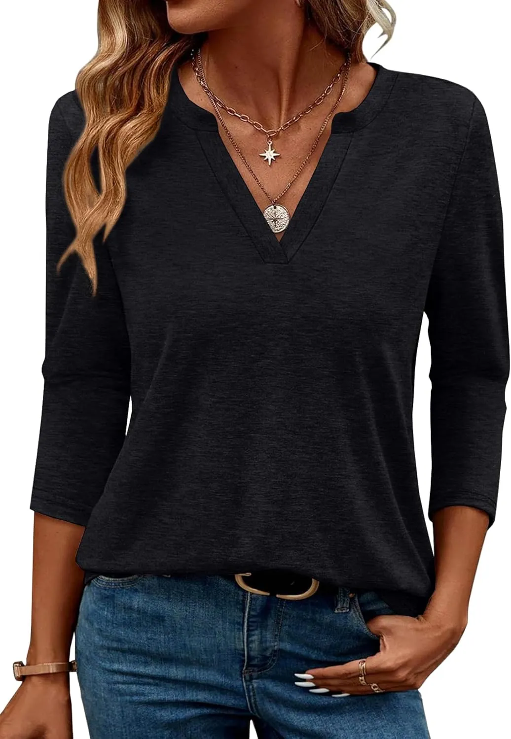 OFEEFAN 3/4 Length Sleeve Womens Tops V Neck Tunic Shirts Loose Curved Hem Blouses Dressy Casual S-3XL
