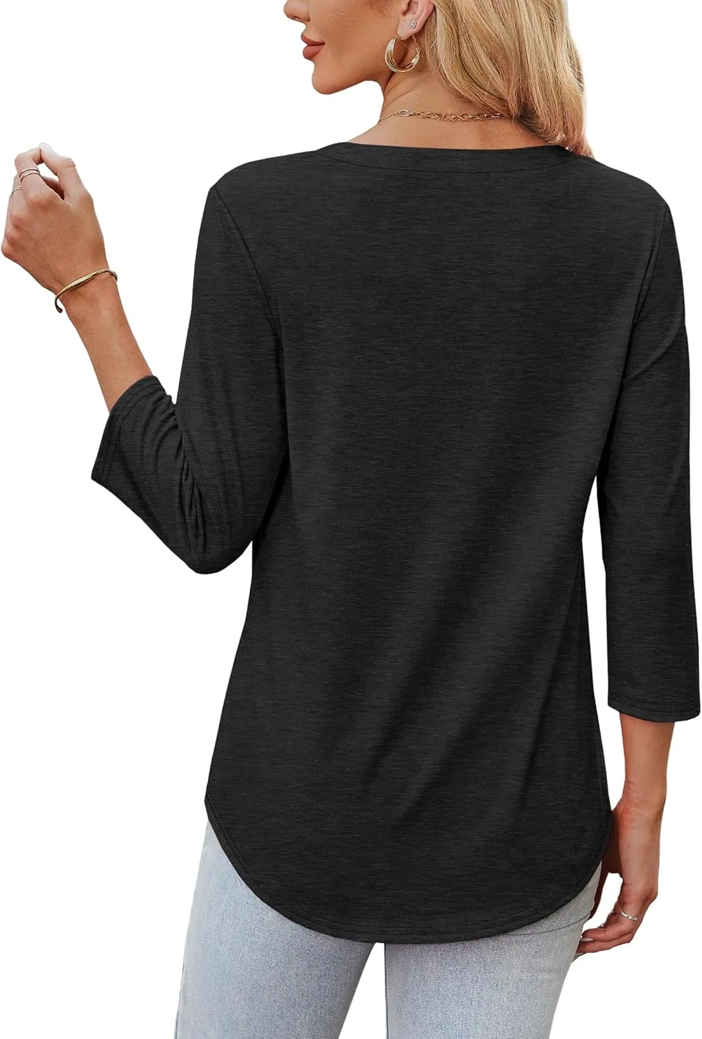 OFEEFAN 3/4 Length Sleeve Womens Tops V Neck Tunic Shirts Loose Curved Hem Blouses Dressy Casual S-3XL