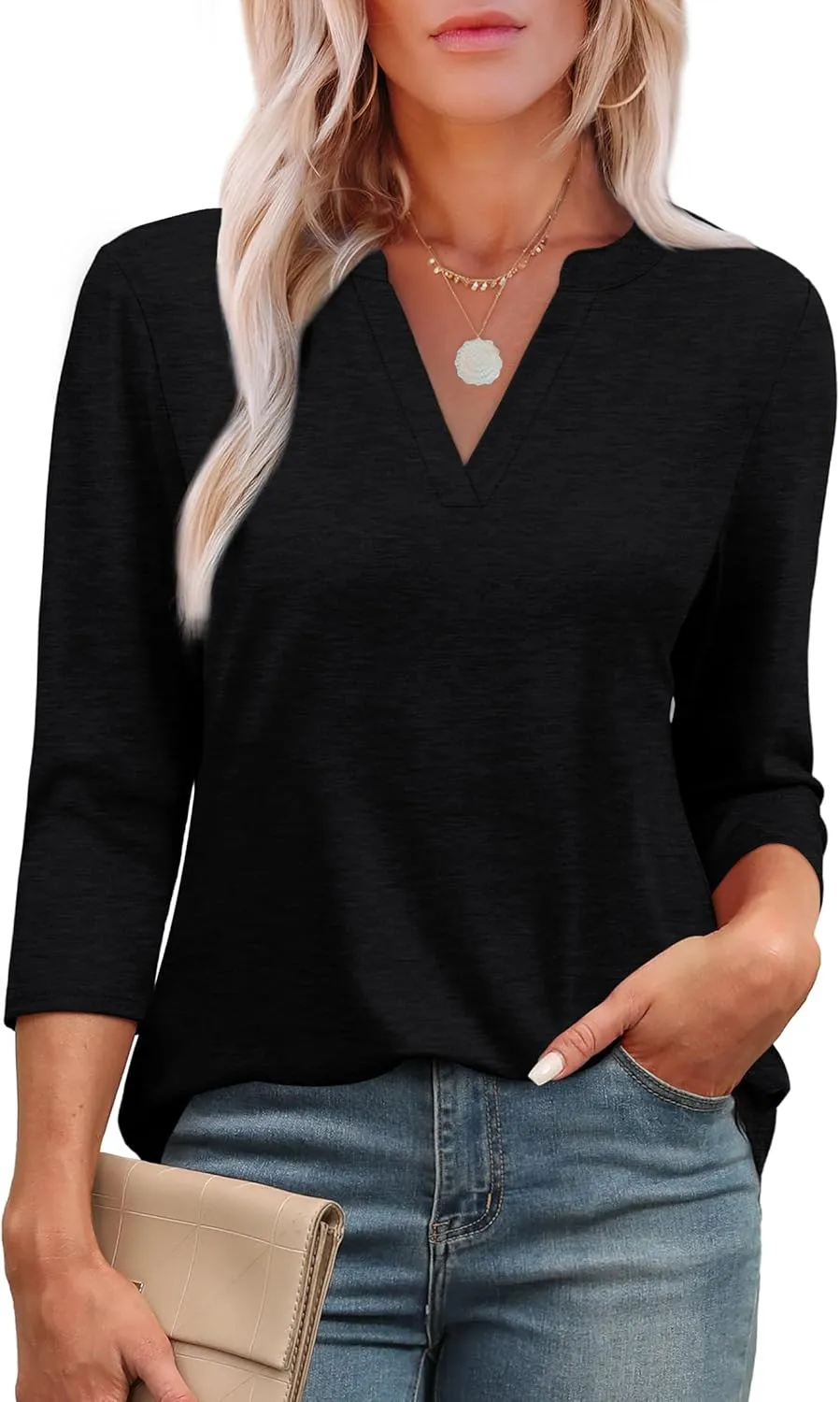 OFEEFAN 3/4 Length Sleeve Womens Tops V Neck Tunic Shirts Loose Curved Hem Blouses Dressy Casual S-3XL