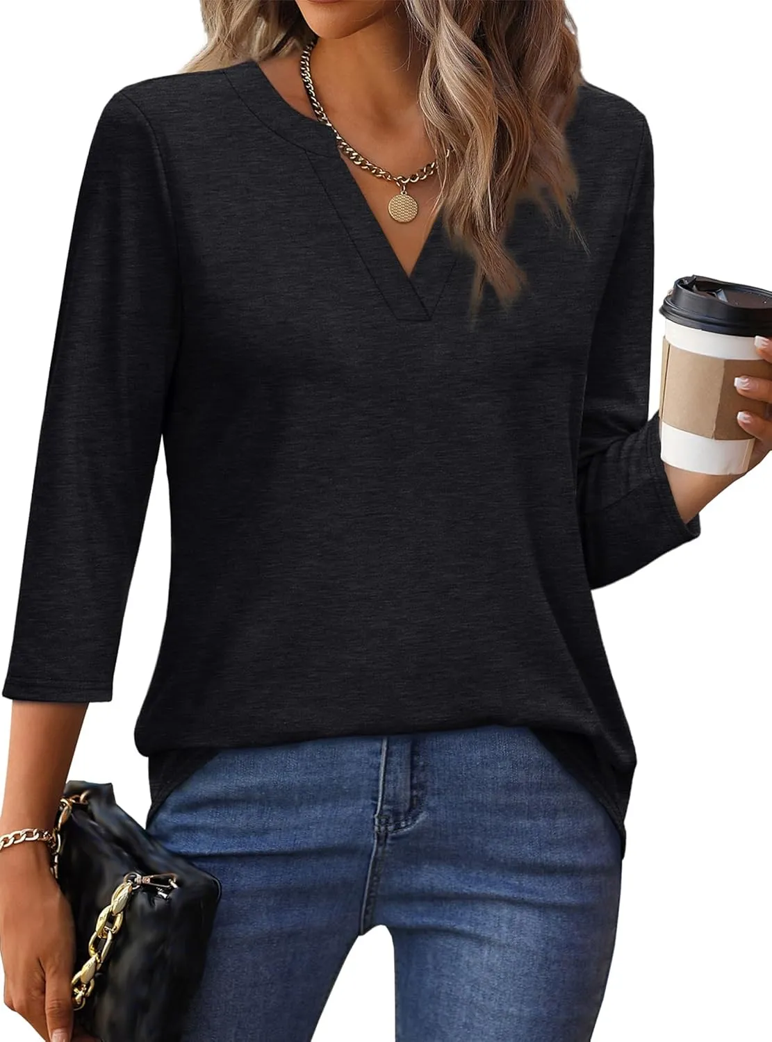 OFEEFAN 3/4 Length Sleeve Womens Tops V Neck Tunic Shirts Loose Curved Hem Blouses Dressy Casual S-3XL