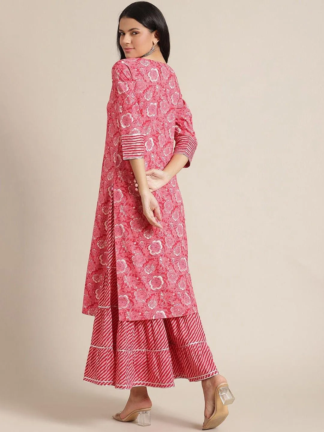 Pink Ethnic Motifs Printed Panelled Kurta With Skirt