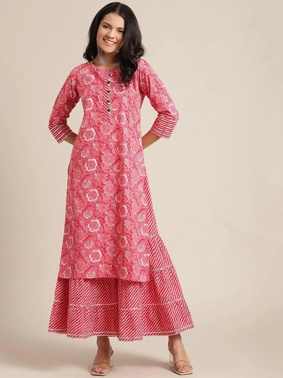 Pink Ethnic Motifs Printed Panelled Kurta With Skirt