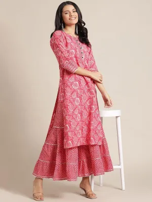 Pink Ethnic Motifs Printed Panelled Kurta With Skirt